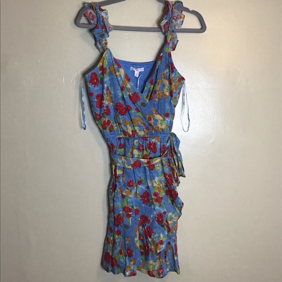 LC Lauren Conrad Blue Floral sleeveless wrap dress with a ruffle hem NWT - Picture 3 of 10